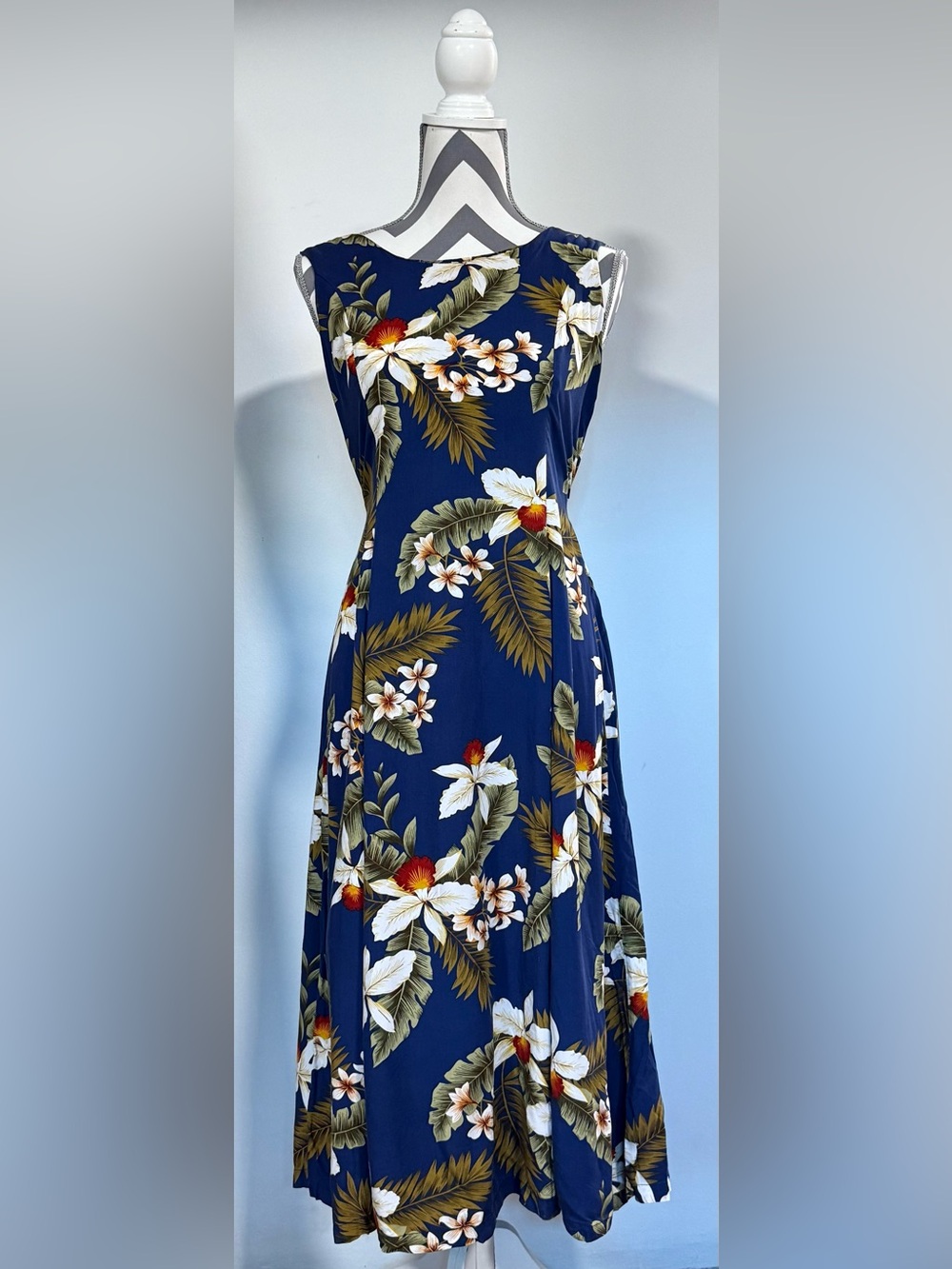 Two Palms Women's Aloha Tie-Back Hawaiian Navy Blue Floral Dress Size Small EUC